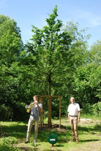 Friedrich Müller spielt zur Baumsetzung sein Horn. Rechts: Parkdirektor Tim Großmann, Foto: Bürgerparkverein