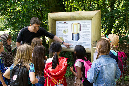 Schulklasse vor einem Schild des Naturlern- und Erlebnispfad im Bremer Stadtpark